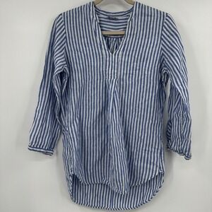LL Bean Womens Blue White Striped 100% Linen Tunic Top XS Coastal Summer Hi Lo